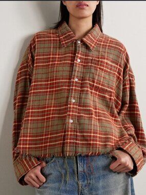 R13  Red -Green Oversized Plaid Frayed Hem Shirt